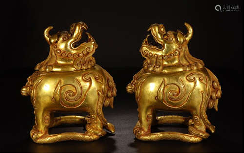 PAIR OF CHINESE GILT BRONZE BEAST INCENSE CAGE