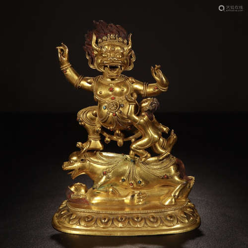 TIBETAN GILT BRONZE SAMANTAKA ON BEAST