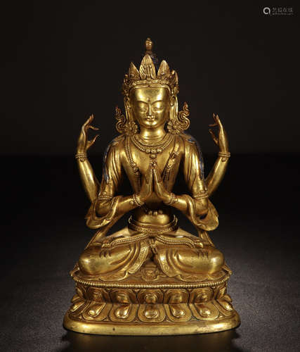 CHINESE GILT BRONZE SEATED FOUR ARM GUANYIN