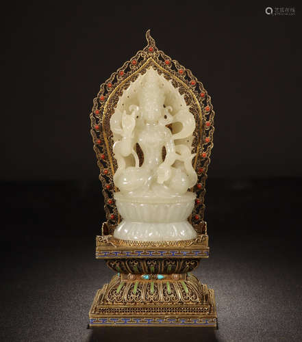 CHINESE YELLOW JADE SEATED TARA ON NICHE