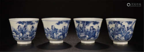 FOUR CHINESE PORCELAIN BLUE AND WHITE FIGURES CUPS