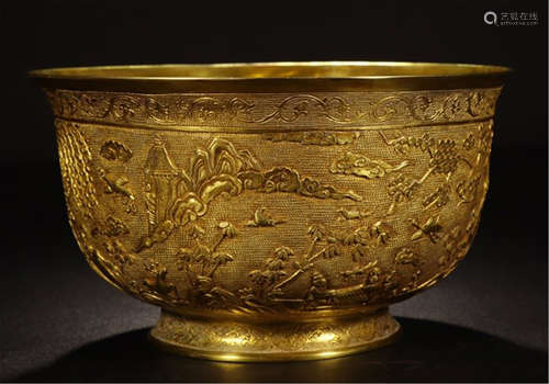 CHINESE GILT BRONZE MOUNTAIN VIEWS BOWL