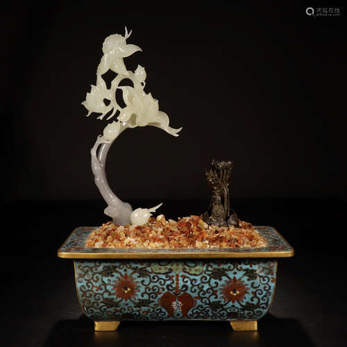 CHNESE YELLOW JADE BENSAI IN CLOISONNE BASIN