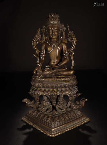 CHINESE SILVER INLAID BRONZE SEATED GUANYIN