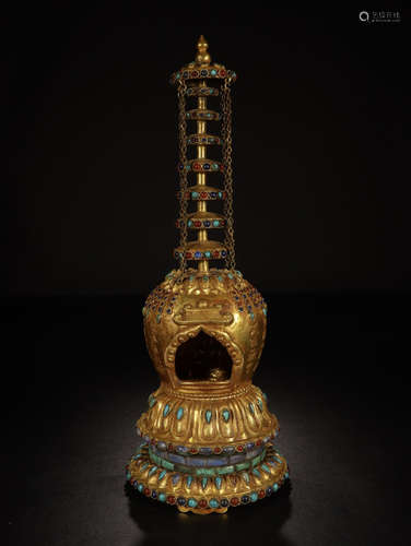 CHINESE GEM STONE INLAID GILT BRONZE BUDDHIST TOWER NICHE