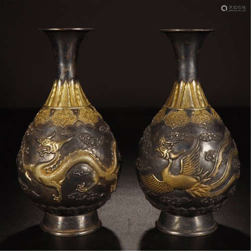 PAIR OF CHINESE PARTLY GILT SILVER DRAGON AND PHOENIX VASE