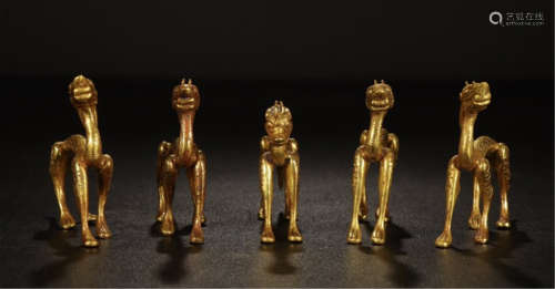 FIVE CHINESE GILT BRONZE CAMELS