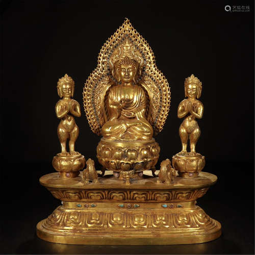 CHINESE GILT BRONZE SEATED BUDDHA ON STAND