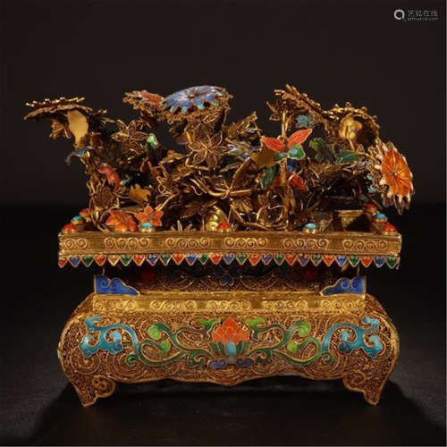 CHINESE GILT SILVER ENAMEL BENSAI IN BASIN