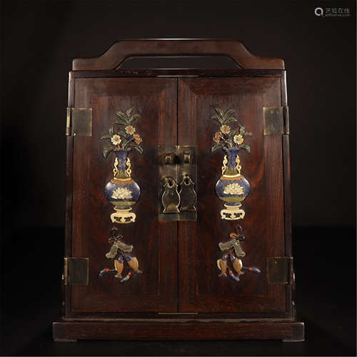 CHINESE HONGMU GEM STONE INLAID DOUBLE DOOR CABINET