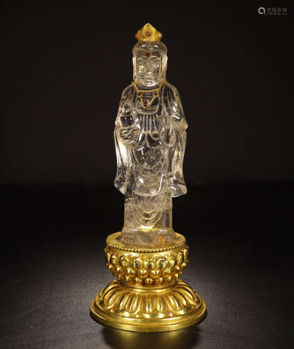 CHINESE GOLD MOUNTED ROCK CRYSTAL STANDING FIGURE