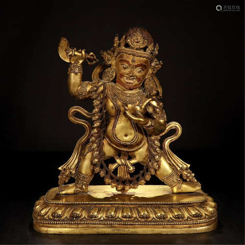 TIBETAN GILT BRONZE STANDING SAMANTAKA WITH AXE