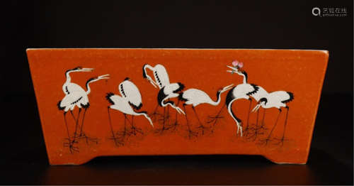 CHINESE PORCELAIN RED GROUND FAMILLE ROSE CRANE SQUARE BRUSH WASHER