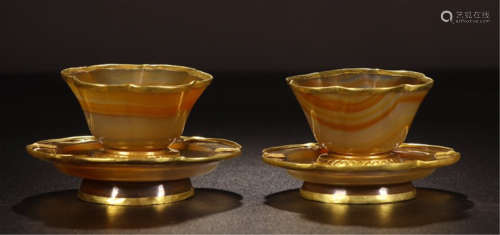 PAIR OF CHINESE GOLD MOUNTED AGATE CUP WITH DISH