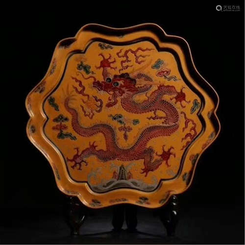 CHINESE LACQUER DRAGON TRAY