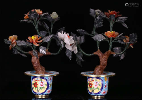 PAIR OF CHINESE JADE BENSAI IN CLOISONNE BASIN