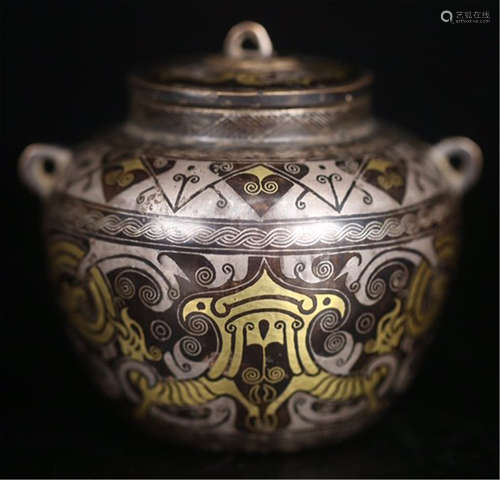 CHINESE SILVER GOLD INLAID LIDDED ROUND POT