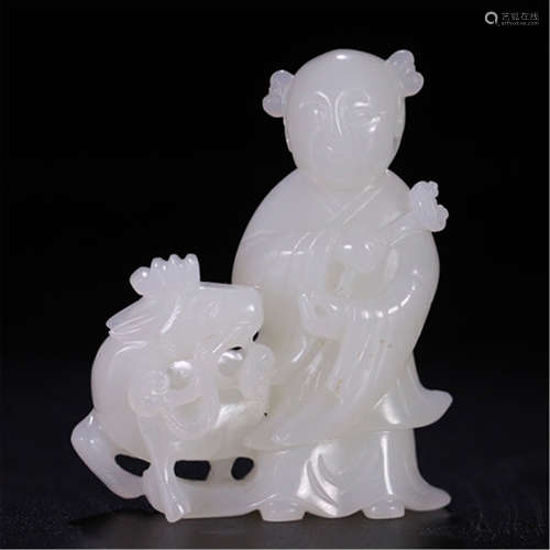 CHINESE WHITE JADE BOY WITH DEER