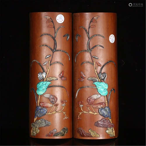 PAIR OF CHINESE GEM STONE INLAID BAMBOO ARM REST