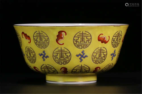 CHINESE PORCELAIN YELLOW GROUND RED BAT BOWL