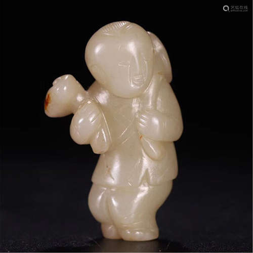 CHINESE GREY JADE BOY WITH LOTUS