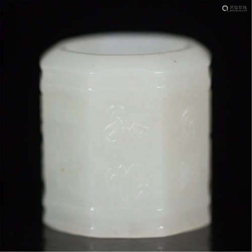 CHINESE WHITE JADE OCTAGONAL ARCHER RING