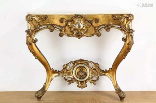 Verguld houten wandconsoletafel, Neo Rococo,met wit marmeren blad; b. 93, h. 81 en d. 34 cm; [1]120