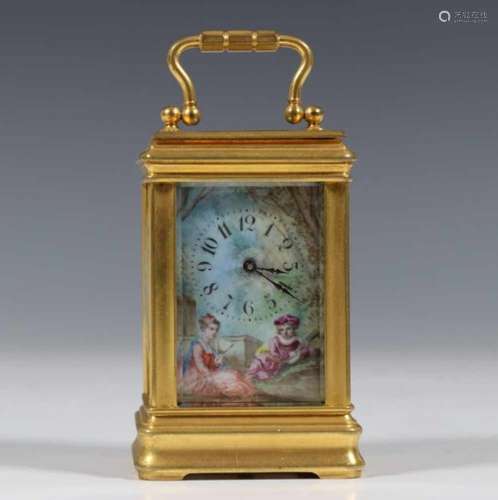 Frankrijk, miniatuur reisklokje, zgn. carriage clock, ca. 1890;verguld messing gorge case met