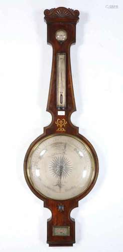 Engeland, kapitale mahoniehouten banjobarometer, 19e eeuw,met messing bies- en inlegwerk. Adres F.