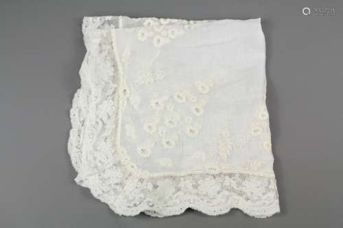 A Fine 19th Century French Lace-Whitework Embroidered Wedding Handkerchief; message reads 
