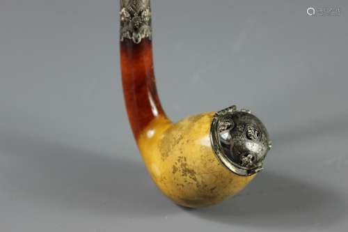 Antique Continental Amber and Silver Collared Pipe, approx 24 cms l