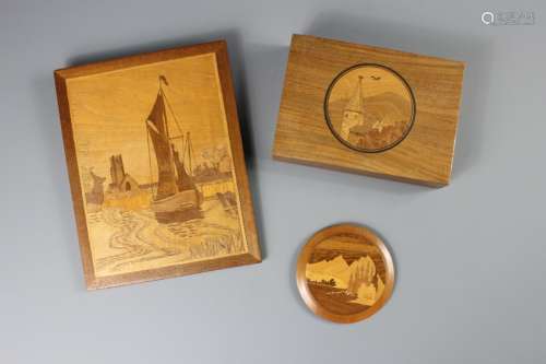 A Collection of Marquetry Work, this lot includes a Canadian scene coaster approx