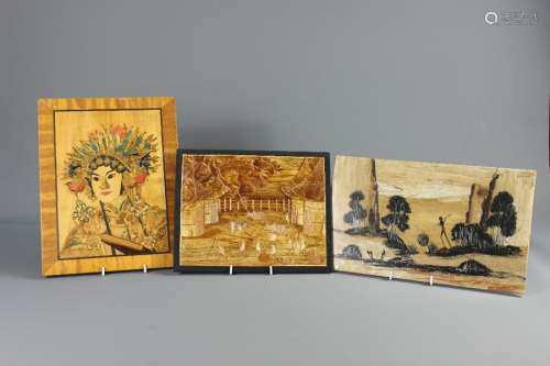 A Collection of Marquetry, this lot includes a plaque depicting Apples approx