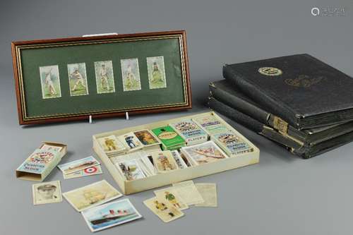 Three Albums of John Player Navy Cut Cigarette Cards, Football, First Aid, Roses, Arms of Foreign Cities, Garden Birds, Military Medals, Cricketers, Animals, Motorcycles, Railways, Flowering Trees together with a framed number of cricketing cards and a small quantity of loose cards in a box incl