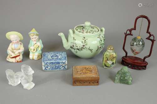 Miscellaneous Chinese Items, this lot comprising green jade buddha carving, glass dragon, a pair of seated figures, glass scent bottle, glass egg, celadon green tea pot etc