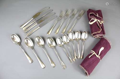 A Collection of Silver Plate Flatware; the collection contains two different designs, comprising nine tablespoons, twelve dessert spoons, eleven small knives, ten large knives, twelve large forks, twelve small forks and twelve teaspoons together with a boxed set of Fish Knives and Forks; understood to be a wedding present to Jane Kidd (International Olympic Equestrian) from actor Oliver Reed, with signed card