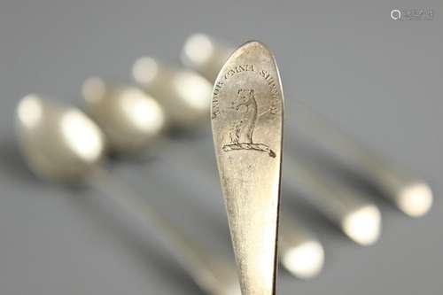 Five Georgian Scottish Silver Dessert Spoons, five Edinburgh hallmark, dated 1784 monogrammed 'Labor Omnia Superat' mm James Dempster and a single dessert spoon London hallmark dated 1806 mm Wililam Eley & William Fearn together with two large serving spoons the first Georgian London hallmark dated 1816 mm William Bateman and the other Victorian London hallmark dated 1847, gross weight approx 360 gms