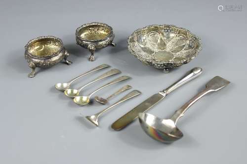 Miscellaneous Silver, including a bon bon dish Chester hallmark, dated 1897, mm JDWD, two George III silver salts, one London hallmark, dated 1761, mm DM and the other marks rubbed, the lot further comprises a Victorian silver sauce ladle London hallmark dated 1846, silver butter knife Chester hallmark, porridge push, three mustard spoons a silver salt spoon gross weight approx 300 gms and a silver plated and opaque glass sweet-meat dish