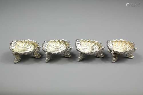 Four Victorian Silver Salts, modelled as clam shells resting on dolphin feet, London hallmark, dated 1890, mm Robert Hemmel IV, approx 6 x 5