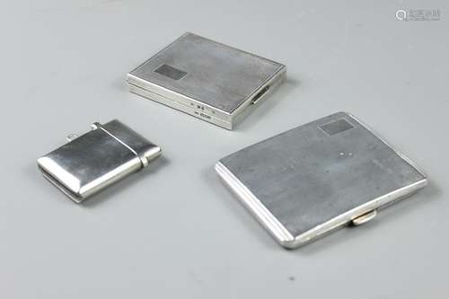 A Silver Trio, this lot comprises a silver compact London hallmark, mm NEA dated 1946, silver cigarette case Birmingham hallmark, mm T & S and a silver vesta Birmingham hallmark, mm M & H Co Ltd