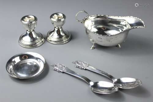 Miscellaneous Silver, this lot comprises sauce boat, Birmingham hallmark, mm Mappin & Webb; silver travelling candlesticks Birmingham hallmark, mm B & Co, two pill boxes London hallmark, dated 1979 mm DE and GPs, silver letter opener, two silver Danish teaspoons, two commemorative silver coffee spoons and a silver plated pin dish