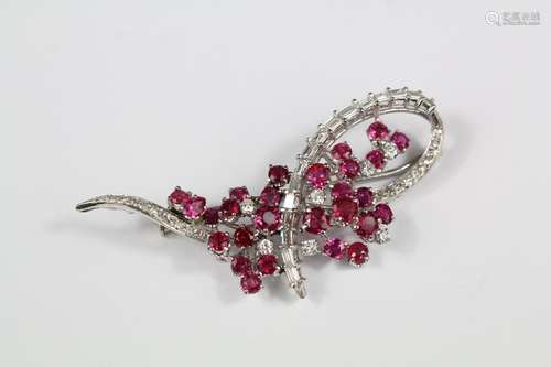 18ct White Gold and Ruby Floral Spray Brooch