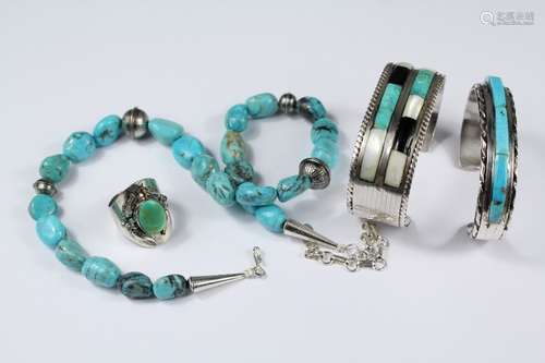 A Polished Turquoise and Silver Necklace, approx 44 cms together with two silver and turquoise bangles, ring size Q