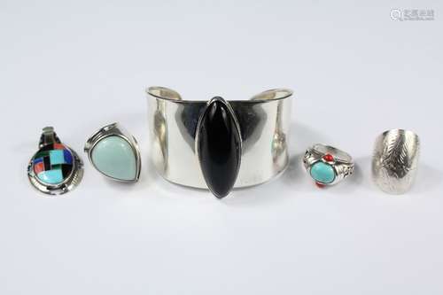 A Mexican Silver and Hardstone Cuff Bangle, approx 60 x 40 mm, this lot also includes a semi-precious stone and silver pendant inlaid with Lapis,Turquoise and Malachite together with a silver and turquoise ring size N; a silver hard-stone ring size N and a plain silver ring size N , approx 67