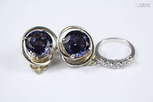 A Pair of Mexican Silver and Amethyst Clip-on Earrings, circular stones approx 13 mm d together with a silver and CZ ring size N, approx 20