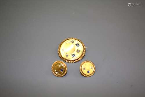 14 ct Gold Diamond and Sapphire Brooch and Earrings