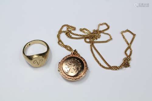 A 9ct Yellow Gold Signet Ring, size L, together with a 9ct gold locket and chain approx 45 cms l, gross weight 13 gms