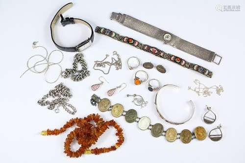 Miscellaneous Silver and Other Jewellery, including vintage silver amber and black onyx rings, rose quartz earrings and chains, bangle approx 89 gms together with a silver and marcasite Ciro wrist watch (af), stainless steel Skagen wrist watch, volcanic rock cameo bracelet, micro-mosaic bracelet, rough amber necklace