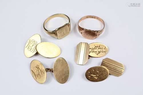 Two Pairs of 9ct Gold Engine-Turned Cufflink's, together with two 9ct gold signet rings, size S, approx 19 gms