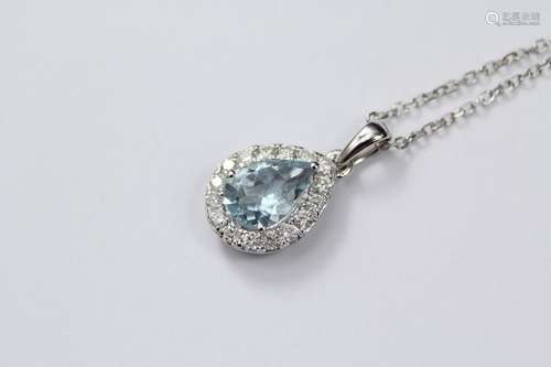 An 18ct White Gold Tear-Drop Aquamarine and Diamond Pendant Necklace, approx 7 x 5 mm